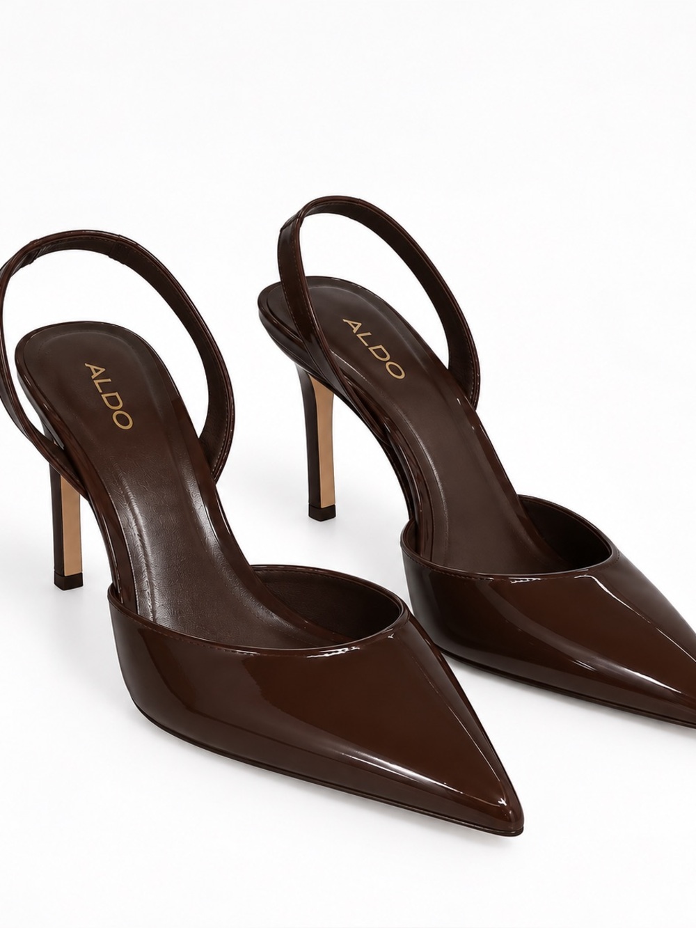 ALDO Dark Brown Patent Pointed-Toe Slingback Heels | Size 7.5